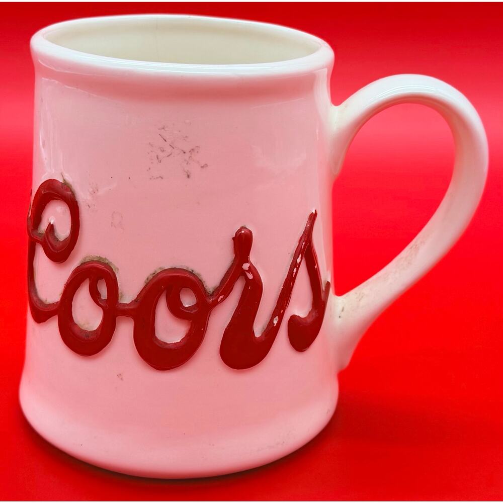 Vintage Coors Beer Mug White Ceramic Raised Red Script Logo USA Pottery Stein
